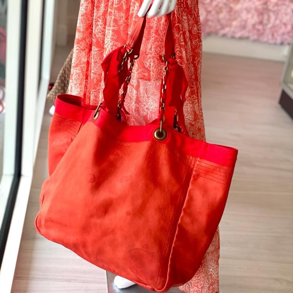 Lanvin red fabric and leather tote.